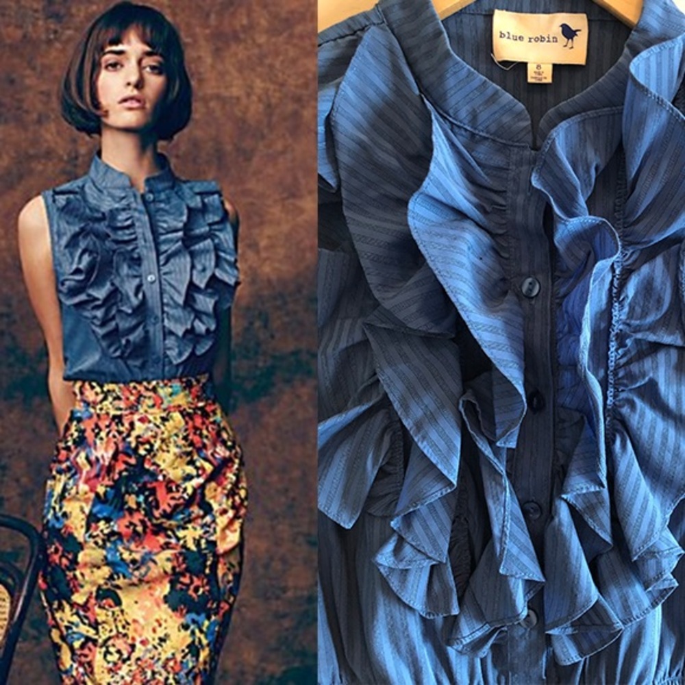 Anthropologie Blue Robin sleeveless ruffle top